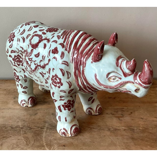 Oxblood Red Vintage Boho Glazed Ceramic Ming Rhinoceros For Sale - Image 8 of 11