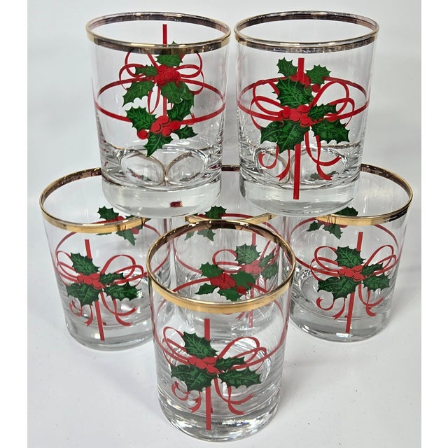 Mid-Century Modern Mid 20th Century Holly and Ribbons Double Old Fashioned Glasses- Set of Six For Sale - Image 3 of 17