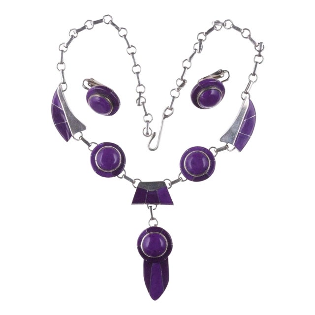 Julius Manuelito Southwestern Sterling Purple Stone Channel Inlay Necklace and e For Sale