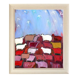 Birds, Sheep and Angels, Modern Impressionist Pastoral Landscape Oil Painting, Signed For Sale