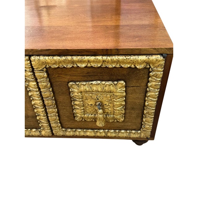 Wood Mid-Century Spanish Revival Low Storage Cabinet With Gold Gilt Accents For Sale - Image 7 of 9