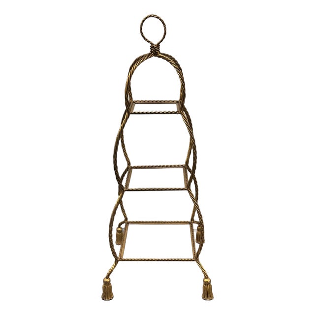 1960s Italian Hollywood Regency Gold Gilt 47" Iron Rope Tassel 3-Tier Etagere Stand For Sale