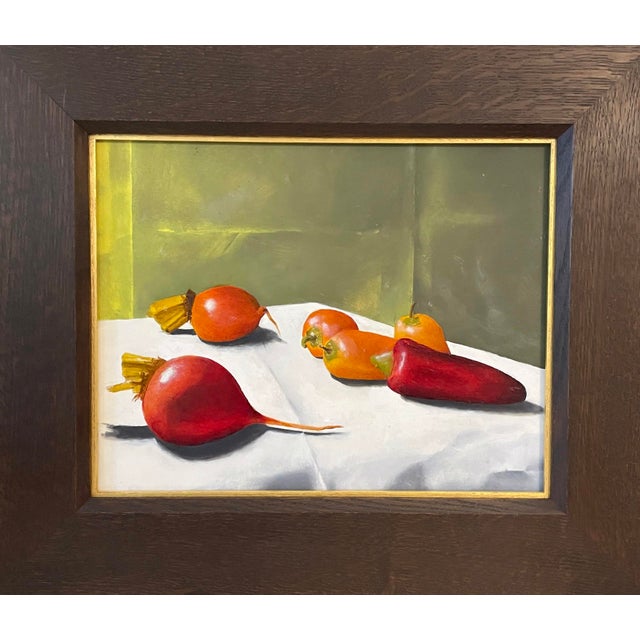 Convergence of Peppers and Beets by Timothy J. Standring | Oil on Gesso Panel Still life of peppers and beets For Sale