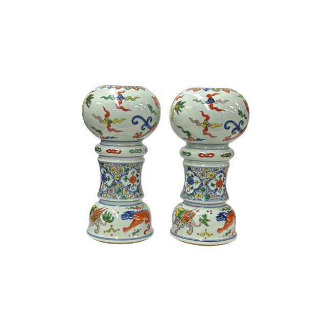 Elevate your home décor with this exquisite pair of antique Chinese porcelain candle holders / vases , featuring vibrant...