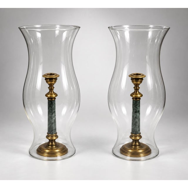 Pair of 1940’s Brass and Marble French Hurricane Lamps For Sale - Image 4 of 4