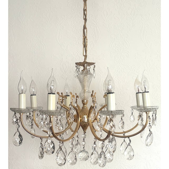 Mid-Century Modern Brass and Lead Crystal 8-Light Chandelier, 1960s For Sale - Image 3 of 15