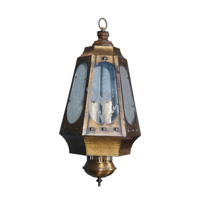 Industrial Vintage Brass Etched Glass Swag Pendant Light For Sale - Image 3 of 12