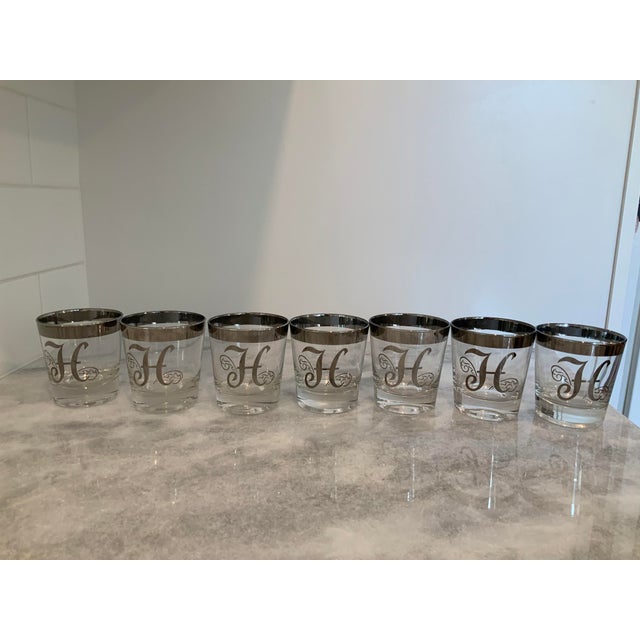 Dorothy Thorpe Mid 20th Century Silver Rimmed “h” Low Ball Glasses- Set of 7 For Sale - Image 4 of 8