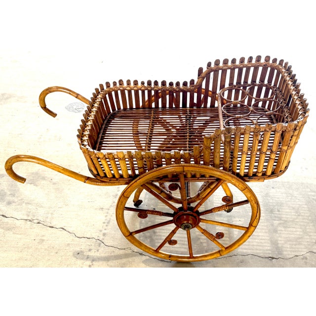 French Modernist Rattan Bar or Flower Cart with Bottle Holders For Sale - Image 14 of 18