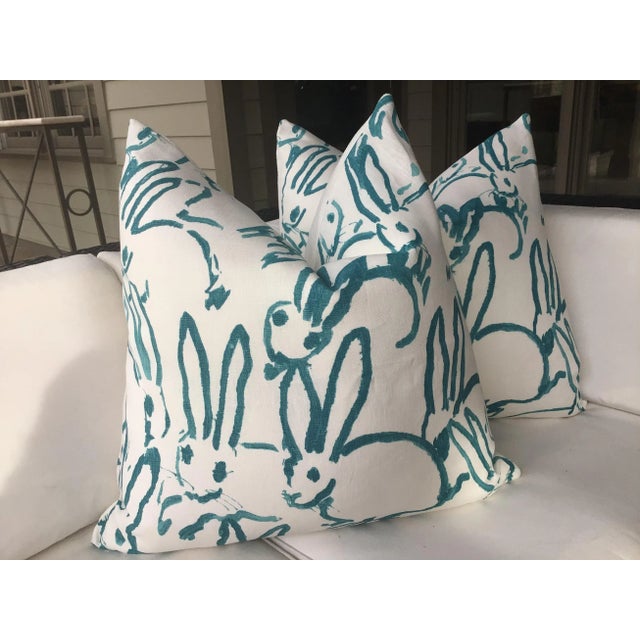 Abstract Expressionism Hunt Slonem “Bunny Hutch” in Aqua 22” Down Filled Pillows - a Pair For Sale - Image 3 of 5