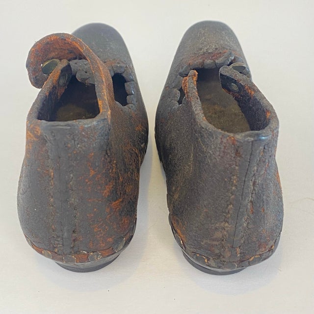Mid 19th Century Antique 19th Century Victorian Handmade Childrens Leather Wood Metal Clog Shoes For Sale - Image 5 of 12
