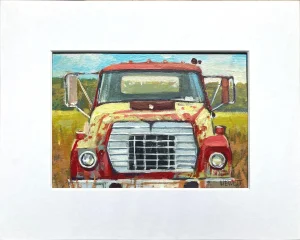 Old Red Farming Truck in Grassy Field - Front Facing - 5x7" Painting on Paper in 8x10 White Matte