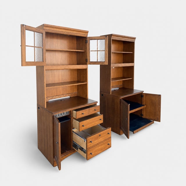 1990s Pair of Cottage Style Oak Hutch Cabinets With Glass Doors For Sale - Image 14 of 18