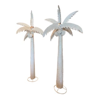 Vintage Large Pair Metal White Palm Trees Palm Beach Coastal Patio Outdoor For Sale