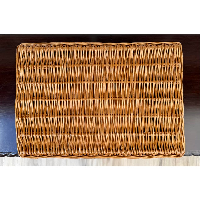 Wood Vintage English Sirram Wicker Picnic Hamper Suitcase With Blue Interior & Plates For Sale - Image 7 of 14