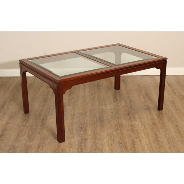 High Quality Vintage Campaign Style Cherry Wood Extendable Glass Top Dining Table Featuring Two Leaves From Ethan Allen's...