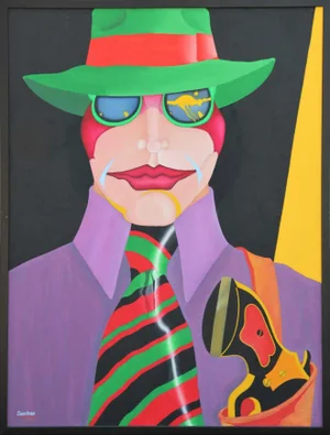 1980s "The Blackhand" Abstract Modern Pop Art Portrait Painting by Robert Sandman, Framed