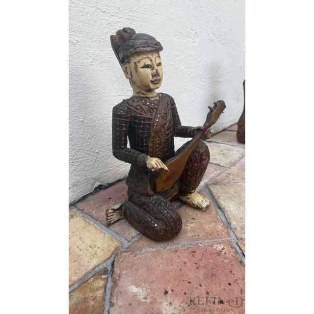 Mid 20th Century Hand-Carved Chinese Wooden Figural Sculpture of Seated Musician With String Instrument For Sale - Image 4 of 10