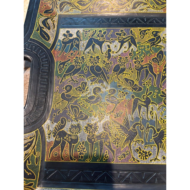 1970s Vintage Black Folk Art Style Floral Serving Tray With Handles For Sale - Image 5 of 7