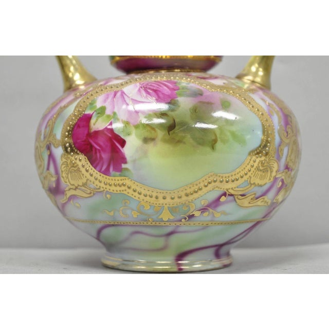 Antique Austrian Hand Painted Moriage Porcelain Double Swung Handle Bulbous Vase For Sale - Image 14 of 16