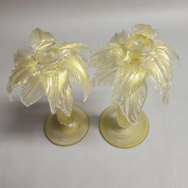 Boho Chic 20th C Oggetti Murano Gold Leaf Glass Palm Tree Candle Holders - a Pair For Sale - Image 3 of 8