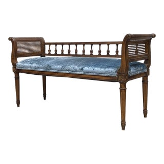 Vintage Louis XVI Velvet Carved Wood & Caned Bench Settee For Sale