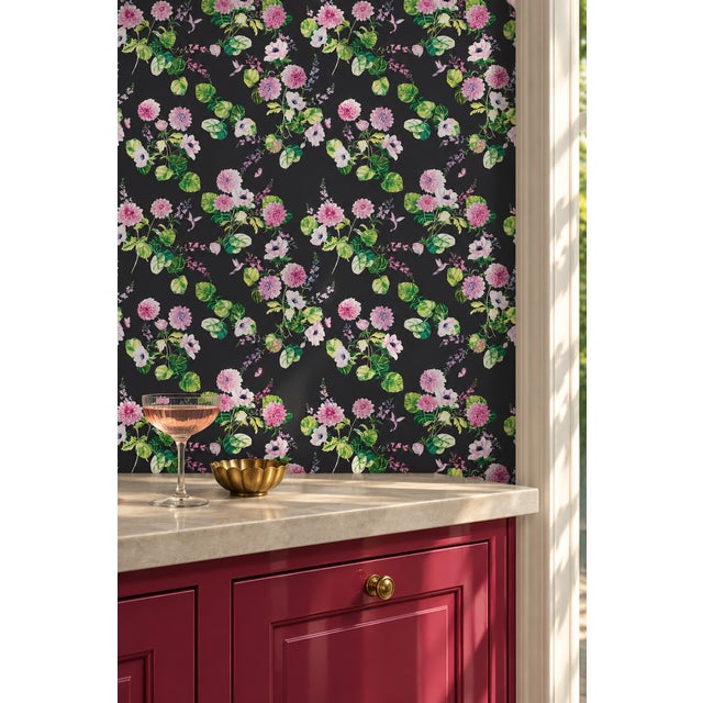 Traditional Chirp Society Floral Grasscloth Wallpaper by House Party | Midnight Black | 6 Yards For Sale - Image 3 of 10