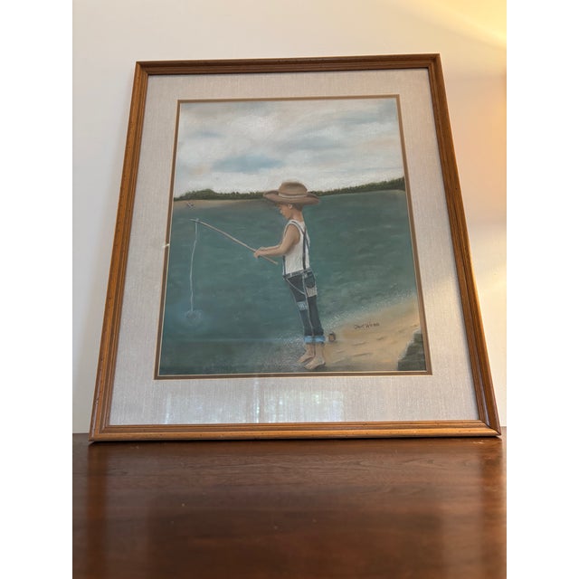 Endearing portrait of a boy fishing, circa 1990. Beautiful use of oil pastels, colors, shading and composition capture the...