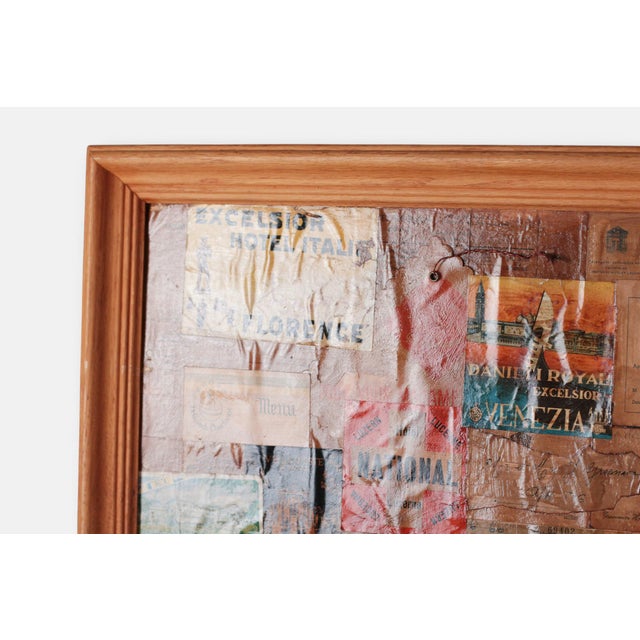 Framed vintage collage of authentic European Grand Tour hotel labels, luggage tags, menus, and travel ephemera — a...