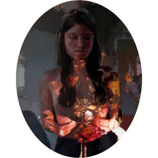 The Glow II by Meghan Howland | Oil Painting of a girl holding flowers with soft lighting For Sale