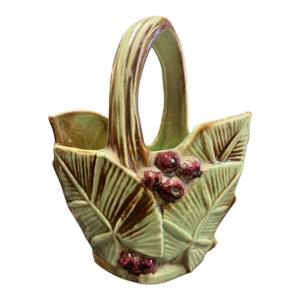 Vintage McCoy Art Pottery Berry & Leaf Decorated Basket Vase