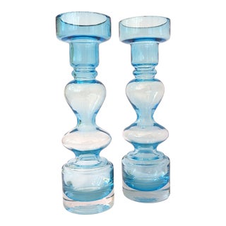 Pair of Mid-Century Ice Blue Hooped Glass Vases For Sale