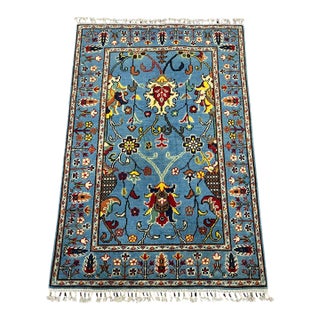 Blue Floral Wool Rug With Botanical Border, 3'3" X 4'9" For Sale