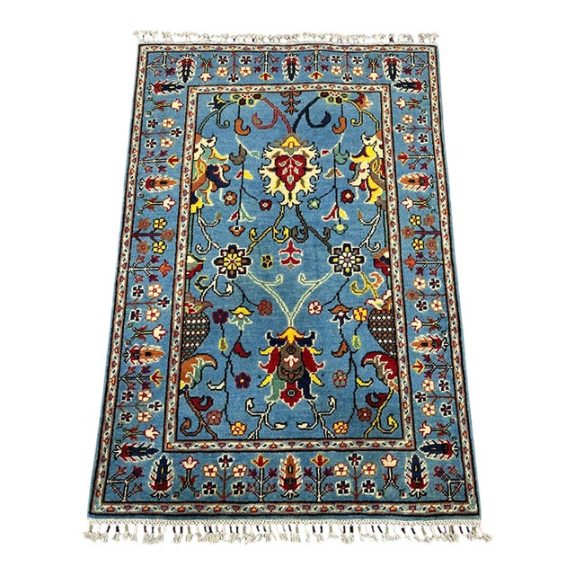 Blue Floral Wool Rug With Botanical Border, 3'3" X 4'9" For Sale