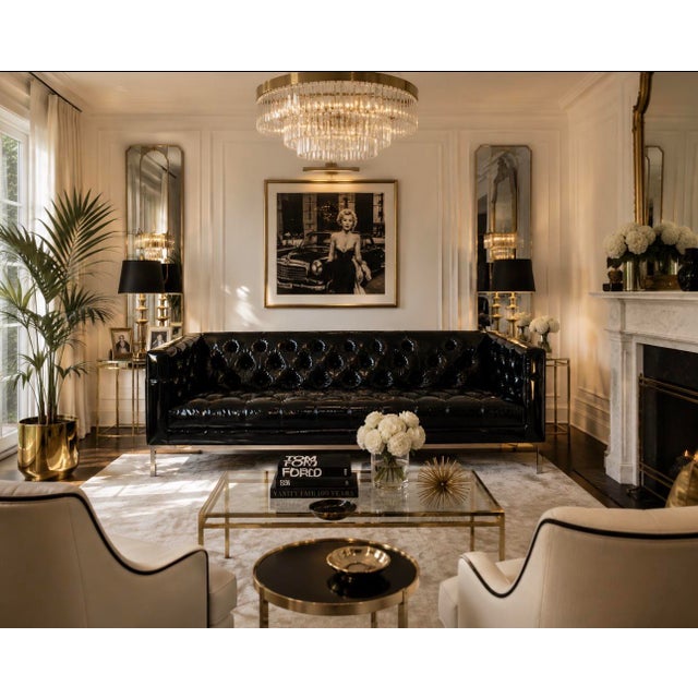 Custom Edelman Black Patent Leather Tufted Tuxedo Sofa For Sale - Image 4 of 14