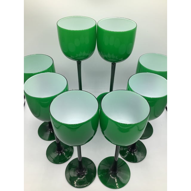 Carlo Moretti Vintage Carlo Moretti Italy Green White Cased Glass Tall Stem Wine Glasses - Set of 8 For Sale - Image 4 of 9