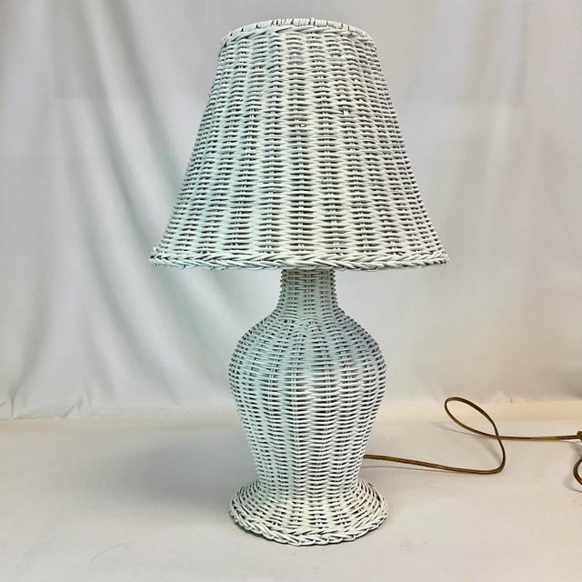 Mid-Century Coastal Boho Chic White Wicker Table Lamp and Shade. For Sale - Image 6 of 12