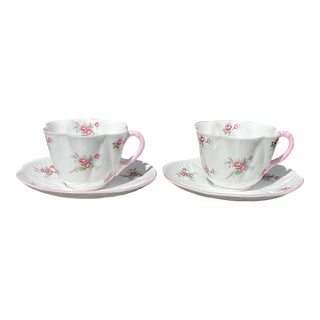 1940s Shelley Bridal Rose Teacups and Saucers Set- 4 Pieces For Sale