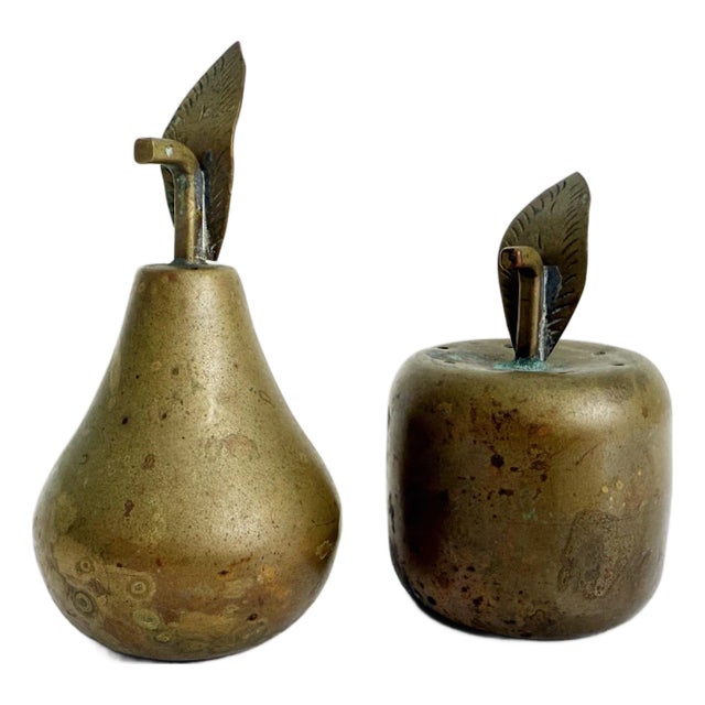 Vintage Aged Brass Apple & Pear Salt & Pepper Shakers - A Set For Sale
