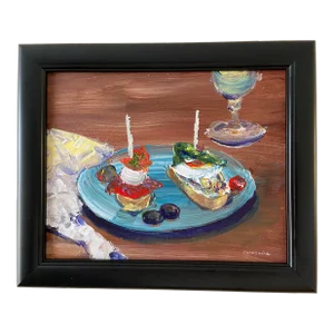 Original Appetizer Painting - Crusty Bread, Cheese, Chili and Wine Glass Painting by Marina Movshina