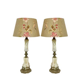 Louis XVI Style Brass and Marble/Onyx Table Lamps, 1940s, Set of 2 For Sale