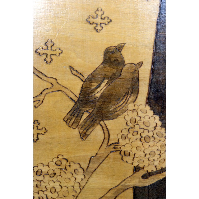 Art Nouveau Pyrography Panel with Religious Theme of St. Francis Speaking to the Birds, Early 20th Century For Sale - Image 13 of 17