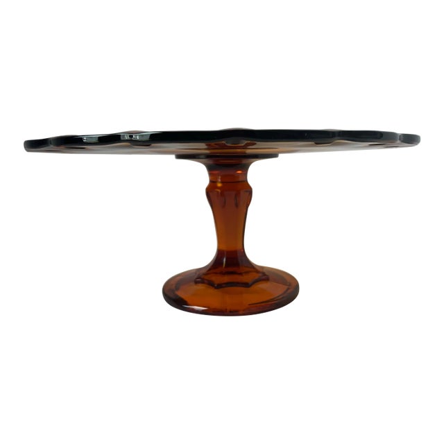 Mid-Century Amber Glass Tazza Cake Stand With Scalloped Thumbprint Edge For Sale