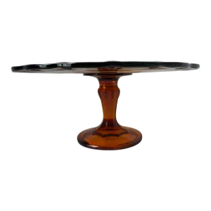 Mid-Century Amber Glass Tazza Cake Stand With Scalloped Thumbprint Edge