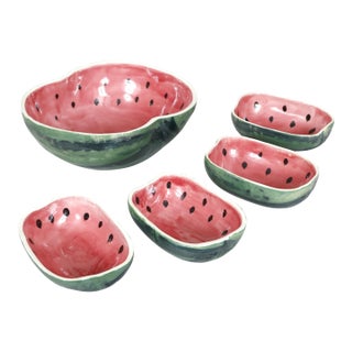 1980s Majolica Watermelon Bowls by Jan Pugh, Set of 5 For Sale