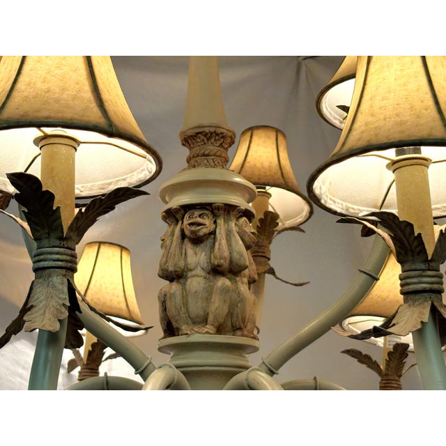 Chinoiserie Vintage 9-Light Coastal Chinoiserie Style Monkey Chandelier With Rawhide Shades For Sale - Image 3 of 18