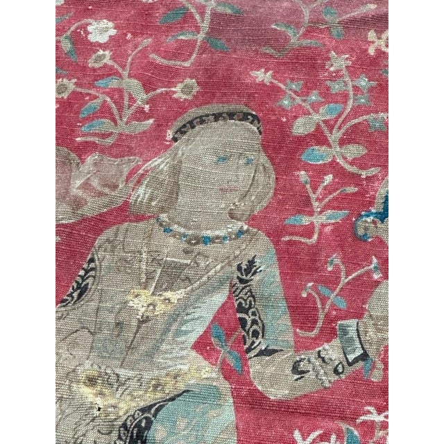 Antique French Screen Printed Tapestry Lady and Licorn, 1950s For Sale - Image 12 of 18