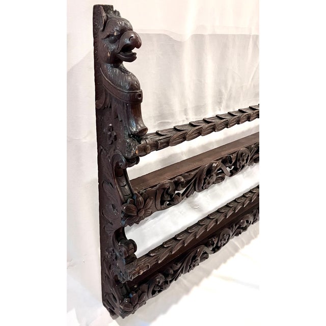 Antique Late 1800s Belgian Carved Oak Plate Rack – Griffin 55" Wall Shelf For Sale - Image 14 of 18