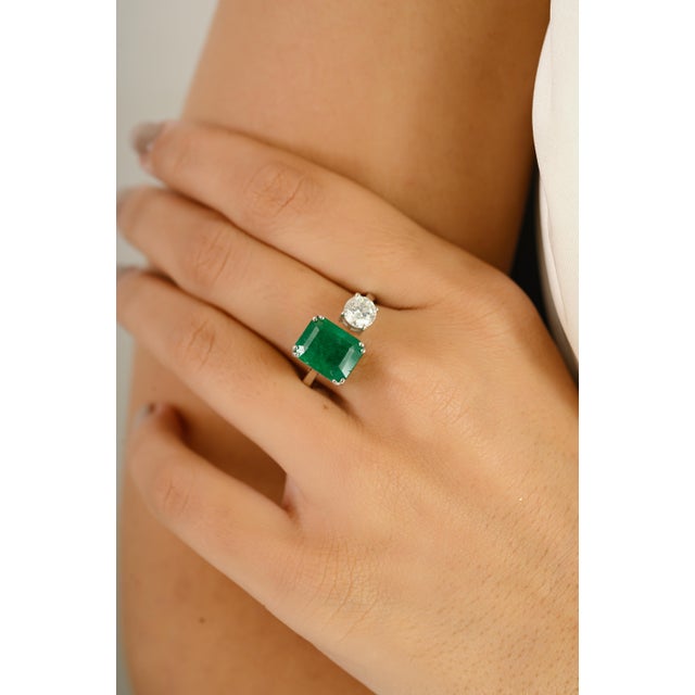 Not Yet Made - Made To Order 14 Karat Gold Emerald & Diamond Toi Et Moi Ring Size 8 For Sale - Image 5 of 12