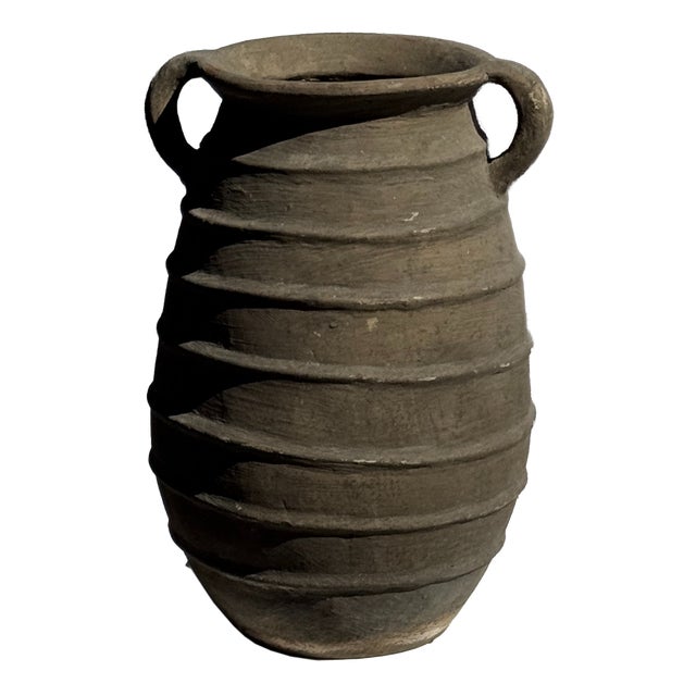 Large Ovoid Vase with Double Handles and Raised Grey-Beige Ridges, 1980s For Sale